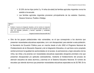 Reforma Integral de la Educación Básica


                     El 25% de los hijos (entre 5 y 14 años de edad) de familias agrícolas migrantes nunca ha
                     asistido a la escuela.
                     Las familias agrícolas migrantes provienen principalmente de los estados: Guerrero,
                     Oaxaca Veracruz, Puebla e Hidalgo.


Objetivo 2
2.4
• Fortalecer el proceso de integración educativa y de los servicios de educación
    especial, para que las escuelas cuenten con los espacios escolares adecuados, así
    como con materiales pertinentes y docentes capacitados y actualizados
    permanentemente.
                                           Programa Sectorial de Educación 2007-2012




• Otro de los grupos poblacionales más vulnerables, es el que corresponde a los alumnos que
     presentan necesidades educativas especiales, con o sin discapacidad; para atender a esta población,
     la Secretaría de Ecuación Pública puso en marcha desde el año 2002 el Programa Nacional de
     Fortalecimiento de la Educación Especial y de la Integración Educativa, el cual tiene como propósito
     central promover la igualdad de oportunidades en el acceso, la permanencia y logro educativo de los
     niños, las niñas y los jóvenes con necesidades educativas especiales otorgando prioridad a los que
     presentan discapacidad y/o aptitudes sobresalientes, mediante el fortalecimiento del proceso de
     atención educativa de estos alumnos y alumnas en el Sistema Educativo Nacional. El número de
     escuelas que atiende alumnos que presentan necesidades educativas especiales es de 20,786. En la


40
 