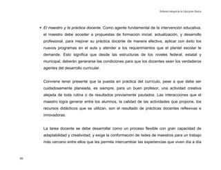 Reforma Integral de la Educación Básica




     El maestro y la práctica docente. Como agente fundamental de la intervención educativa,
     el maestro debe acceder a propuestas de formación inicial, actualización, y desarrollo
     profesional, para mejorar su práctica docente de manera efectiva, aplicar con éxito los
     nuevos programas en el aula y atender a los requerimientos que el plantel escolar le
     demande. Esto significa que desde las estructuras de los niveles federal, estatal y
     municipal, deberán generarse las condiciones para que los docentes sean los verdaderos
     agentes del desarrollo curricular.


     Conviene tener presente que la puesta en práctica del currículo, pese a que debe ser
     cuidadosamente planeada, es siempre, para un buen profesor, una actividad creativa
     alejada de toda rutina o de resultados previamente pautados. Las interacciones que el
     maestro logra generar entre los alumnos, la calidad de las actividades que propone, los
     recursos didácticos que se utilizan, son el resultado de prácticas docentes reflexivas e
     innovadoras.


     La tarea docente se debe desarrollar como un proceso flexible con gran capacidad de
     adaptabilidad y creatividad; y exige la conformación de redes de maestros para un trabajo
     más cercano entre ellos que les permita intercambiar las experiencias que viven día a día



86
 