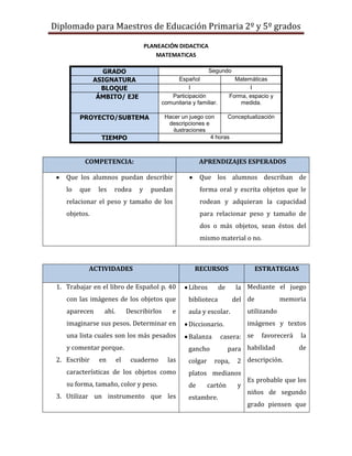 Diplomado para Maestros de Educación Primaria 2º y 5º grados

                                      PLANEACIÓN DIDACTICA
                                          MATEMATICAS

                 GRADO                                         Segundo
               ASIGNATURA                       Español                     Matemáticas
                 BLOQUE                              I                           I
                ÁMBITO/ EJE                   Participación               Forma, espacio y
                                           comunitaria y familiar.            medida.

         PROYECTO/SUBTEMA                    Hacer un juego con     Conceptualización
                                              descripciones e
                                                ilustraciones
                 TIEMPO                                       4 horas



          COMPETENCIA:                                     APRENDIZAJES ESPERADOS

    Que los alumnos puedan describir                       Que los alumnos describan de
    lo   que    les   rodea       y     puedan             forma oral y escrita objetos que le
    relacionar el peso y tamaño de los                     rodean y adquieran la capacidad
    objetos.                                               para relacionar peso y tamaño de
                                                           dos o más objetos, sean éstos del
                                                           mismo material o no.



           ACTIVIDADES                                  RECURSOS                    ESTRATEGIAS

 1. Trabajar en el libro de Español p. 40             Libros         de     la Mediante el juego
    con las imágenes de los objetos que               biblioteca           del de             memoria
    aparecen      ahí.        Describirlos     e      aula y escolar.            utilizando
    imaginarse sus pesos. Determinar en               Diccionario.               imágenes y textos
    una lista cuales son los más pesados              Balanza        casera: se      favorecerá    la
    y comentar porque.                                gancho              para habilidad           de
 2. Escribir    en       el    cuaderno       las     colgar     ropa,      2 descripción.
    características de los objetos como               platos medianos
                                                                                 Es probable que los
    su forma, tamaño, color y peso.                   de       cartón        y
                                                                                 niños de segundo
 3. Utilizar un instrumento que les                   estambre.
                                                                                 grado piensen que
 