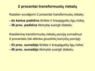 2 procentai transformuotų riebalų
Kasdien suvalgomi 2 procentai transformuotų riebalų:
- du kartus padidina širdies ir kraujagyslių ligų riziką;
- 36 proc. padidina tikimybę susirgti diabetu.
Kasdieninę transformuotų riebalų porciją sumažinus
2 procentais (tai atitinka gruzdintų bulvyčių porciją):
- 53 proc. sumažėja širdies ir kraujagyslių ligų rizika;
- 40 proc. sumažėja tikimybė susirgti diabetu.
 