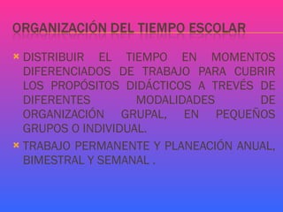 DISTRIBUIR EL TIEMPO EN MOMENTOS DIFERENCIADOS DE TRABAJO PARA CUBRIR LOS PROPÓSITOS DIDÁCTICOS A TREVÉS DE DIFERENTES MODALIDADES DE ORGANIZACIÓN GRUPAL, EN PEQUEÑOS GRUPOS O INDIVIDUAL. TRABAJO PERMANENTE Y PLANEACIÓN ANUAL, BIMESTRAL Y SEMANAL . 