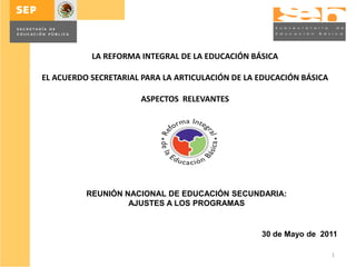 LA REFORMA INTEGRAL DE LA EDUCACIÓN BÁSICA

EL ACUERDO SECRETARIAL PARA LA ARTICULACIÓN DE LA EDUCACIÓN BÁSICA

                      ASPECTOS RELEVANTES




          REUNIÓN NACIONAL DE EDUCACIÓN SECUNDARIA:
                   AJUSTES A LOS PROGRAMAS


                                                  30 de Mayo de 2011

                                                                     1
 