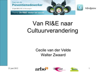 #dvdpmw




                Van RI&E naar
               Cultuurverandering


                 Cecile van der Velde
                   Walter Zwaard


21 juni 2012                              1
 