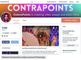 Patreon has become a major source of financing.
 