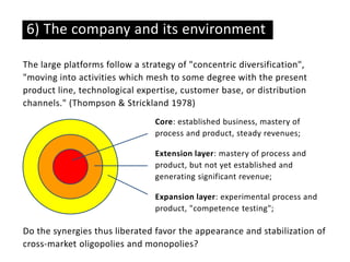 The large platforms follow a strategy of "concentric diversification",
"moving into activities which mesh to some degree with the present
product line, technological expertise, customer base, or distribution
channels." (Thompson & Strickland 1978)
6) The company and its environment
Do the synergies thus liberated favor the appearance and stabilization of
cross-market oligopolies and monopolies?
Core: established business, mastery of
process and product, steady revenues;
Extension layer: mastery of process and
product, but not yet established and
generating significant revenue;
Expansion layer: experimental process and
product, "competence testing";
 