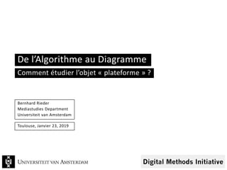De l’Algorithme au Diagramme
Bernhard Rieder
Mediastudies Department
Universiteit van Amsterdam
Toulouse, Janvier 23, 2019
Comment étudier l’objet « plateforme » ?
 