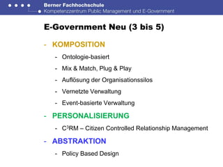 E-Government Neu (3 bis 5)

- KOMPOSITION
  - Ontologie-basiert
  - Mix & Match, Plug & Play
  - Auflösung der Organisationssilos
  - Vernetzte Verwaltung
  - Event-basierte Verwaltung

- PERSONALISIERUNG
  - C3RM – Citizen Controlled Relationship Management

- ABSTRAKTION
  - Policy Based Design
 