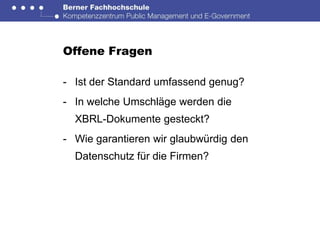 Offene Fragen

- Ist der Standard umfassend genug?
- In welche Umschläge werden die
  XBRL-Dokumente gesteckt?
- Wie garantieren wir glaubwürdig den
  Datenschutz für die Firmen?
 
