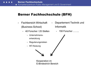 Berner Fachhochschule (BFH)

-   Fachbereich Wirtschaft       -   Departement Technik und
    (Business School)                Informatik
    - 40 Forscher / 25 Stellen        - 150 Forscher ……..
        - Unternehmens-
          entwicklung
        - Regulierungsrisiken
        - IKT-Nutzung




                 Kooperation im
                 E-Bindestrich Bereich
 