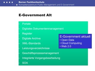 E-Government Alt

-   Portale
-   Digitales Dokumentenmanagement
-   Register
                                  E-Government aktuell
-   Digitale Archive
                                  • Open Data
-   XML-Standards                 • Cloud Computing
                                  • Web 2.0
-   Leistungsverzeichnisse
-   Geschäftsprozessmanagement
-   Integrierte Vorgangsbearbeitung
-   SOA
 