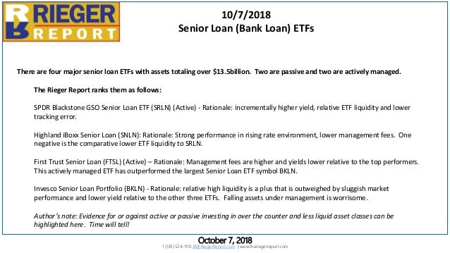 Rieger Report Oct 2018 Senior Loan Etf Rankings