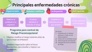 Principales enfermedades crónicas
Diabetes mellitus
Hipertensión Nefropatías
Cardiopatías
Detectar el
problema y su
magnitud
Erradicar,
disminuir o
controlar el riesgo
Posibilitar el
embarazo en caso
que se desee
Tomar conducta
anticonceptiva
Programa para control de
Riesgo Preconcepcional
• Objetivo: modifcar el riesgo existente antes de
que la mujer se embarace
• Establece negociación sobre el futuro
reproductivo, para estudiar y mejorar sus
condiciones
No incluir:
1. Pacientes que no deseen
embarazo o bajo uso de
anticonceptivos
2. Certeza de no actividad sexual
3. Anticoncepción permanente
4. Desaparición de la condición
de riesgo
 