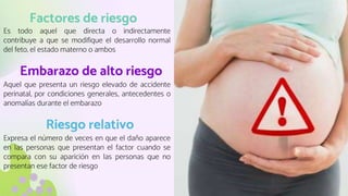 Factores de riesgo
Es todo aquel que directa o indirectamente
contribuye a que se modifique el desarrollo normal
del feto, el estado materno o ambos
Embarazo de alto riesgo
Aquel que presenta un riesgo elevado de accidente
perinatal, por condiciones generales, antecedentes o
anomalías durante el embarazo
Riesgo relativo
Expresa el número de veces en que el daño aparece
en las personas que presentan el factor cuando se
compara con su aparición en las personas que no
presentan ese factor de riesgo
 