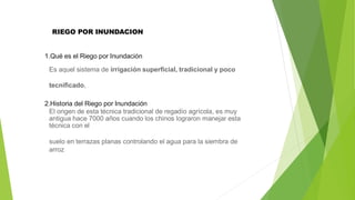 RIEGO POR INUNDACION
1.Qué es el Riego por Inundación
Es aquel sistema de irrigación superficial, tradicional y poco
tecnificado,
2.Historia del Riego por Inundación
El origen de esta técnica tradicional de regadío agrícola, es muy
antigua hace 7000 años cuando los chinos lograron manejar esta
técnica con el
suelo en terrazas planas controlando el agua para la siembra de
arroz
 