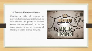 • 4. Escasas Compensaciones: 
Cuando se falta al respeto, se 
provoca la inseguridad contractual, se 
dan cambios de puesto o servicio 
contra nuestra voluntad, se da un 
trato injusto, o no se reconoce el 
trabajo, el salario es muy bajo, etc. 
 