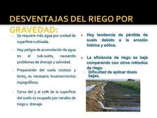 Se requiere más agua por unidad de 
superficie cultivada. 
Hay peligro de acumulación de agua 
en el sub-suelo, causando 
problemas de drenaje y salinidad. 
Preparación del suelo costoso y 
lento, es necesario levantamientos 
topográficos. 
Cerca del 5 al 10% de la superficie 
del suelo es ocupado por canales de 
riego y drenaje. 
 Hay tendencia de pérdida de 
suelo debido a la erosión 
hídrica y eólica. 
 La eficiencia de riego es baja 
comparando con otros métodos 
de riego. 
Dificultad de aplicar dosis 
bajas. 
 