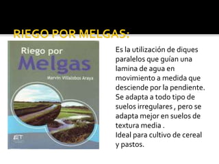 Es la utilización de diques 
paralelos que guían una 
lamina de agua en 
movimiento a medida que 
desciende por la pendiente. 
Se adapta a todo tipo de 
suelos irregulares , pero se 
adapta mejor en suelos de 
textura media . 
Ideal para cultivo de cereal 
y pastos. 
 