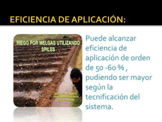 Puede alcanzar 
eficiencia de 
aplicación de orden 
de 50 -60 % , 
pudiendo ser mayor 
según la 
tecnificación del 
sistema. 
 