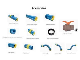 Accesorios




            Salida para Aspersor
                                                 Tubo de Riego Portátil           Adaptador Hembra




                                                                                                                   Válvula roscable


Buje de Reducción para Salida de Aspersor
                                                 Reducción Macho / Hembra           Junta de Goma (repuesto)




           Tapa Hembra
                                            Tapa Macho                                                                   Curva de Nivelación
                                                                            Curva a 90°              Curva a 45°
 
