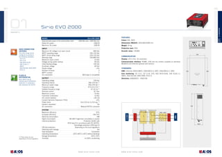 34

35

Sirio EVO 2000

tl inVeRteRs

01
INVERTER TL

sirio eVo 2000

Approximate power of the photovoltaic field
Rated AC power
Maximum AC power

oUtPUt
Operating voltage
Operating interval
Maximum power range
Frequency range
Settable frequency range
Nominal current
Maximum current
Fault level contribution
DC current injection
Current Harmonic Distorsion (THDi)
Power factor
Galvanic separation
AC connectors
sYsteM
Maximum efficiency
European efficiency
Stand-by consumption
Night consumption
Internal protections

(1) These values can vary
depending on the local regulations.

Off-Grid protection
Detecting earth leakage
Heat dissipation
Operating temperature
Storage temperature
Humidity

Protection level: IP65
800 Vdc
100÷720 Vdc
220÷720 Vdc
100÷800 Vdc
10 Adc
90 Vdc
150 Vdc
60 Vdc
<3%
2
1
MC4 type or compatible

acoustic noise: <35dBA
325

coMMUnication
Display: LCD 2-line, 16 characters
communication interface: RS485, USB and dry contact supplied as standard,
ModBUS and Ethernet optional (slot version)
stanDaRDs
eMc: Directive 2004/108/CE, EN61000-6-3: 2007, EN61000-6-2: 2005

555

590

grid monitoring: CEI 0-21, CEI 0-16, A70, VDE AR-N-4105, VDE 0126-1-1,
G83/1, Real Decreto 1663-2000, PO12.3
Directives: 2006/95/CE - EN62109

230 Vac
184÷276 Vac (1)
200÷276 Vac (1)
47,5÷51,5 Hz (1)
47÷52 Hz (1)
8,7 Aac
10 Aac
10 Aac
<43 mA
<4%
from 0,9 ind. to 0,9 cap. (1)
No
Wieland RST25 connector

532
DC/DC Converter

97%
>94,75%
~9W
1W (4W if night-time consultation is active)
Protection DC/AC side
(RCD type B in accordance with IEC 60755).
Overvoltage protection (OVR type 3)
Depending on the local regulations
Yes
Convection
-20°C÷60°C (+45°C without derating)
-20°C÷70°C
4÷100% condensing

www.aros-solar.com

Single phase inverter

ENS + GFCI
GRID

Each device has an
internal type B differential
protection in compliance
with Standard IEC 60755

Weight: 24 kg

EMC Filter

class b
DiFFeRential

Dimensions (WxDxh): 325x168,5x590 mm

EMC Filter

The entire range can be
configured according to
the following standards:
- CEI 0-21
- CEI 0-16
- VDE aR-N-4105
- VDE 0126-1-1
- G83/1
- Real Decreto 1663-2000
- PO12.3

inPUt
Maximum DC voltage in an open circuit
MPPT operating range
MPPT at full rating range
Working range
Maximum input current
Voltage during system startup
Initial feeding voltage
Shutdown voltage
Ripple voltage
Number of inputs
MPPT number
DC connectors

colour: RAL 3020

PV ARRAY

gRiD connection
cRiteRia

2300 Wp max ; 1600 Wp min
2000 W
2000 W

FeatURes

01

MoDel

168.5

Redundant Control System

Local & Remote Commutation

www.aros-solar.com

 