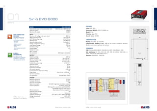 42

43

Sirio EVO 6000

tl inVeRteRs

01
INVERTER TL

sirio eVo 6000

Approximate power of the photovoltaic field
Rated AC power
Maximum AC power
gRiD connection
cRiteRia
The entire range can be
configured according to
the following standards:
- CEI 0-21
- CEI 0-16
- VDE aR-N-4105
- VDE 0126-1-1
- G59/2
- Real Decreto 1663-2000
- PO12.3

class b
DiFFeRential
Each device has an
internal type B differential
protection in compliance
with Standard IEC 60755

inPUt
Maximum DC voltage in an open circuit
MPPT operating range
MPPT at full rating range
Working range
Maximum input current
Voltage during system startup
Initial feeding voltage
Shutdown voltage
Ripple voltage
Number of inputs
MPPT number
DC connectors
oUtPUt
Operating voltage
Operating interval
Maximum power range
Frequency range
Settable frequency range
Nominal current
Maximum current
Fault level contribution
DC current injection
Current Harmonic Distorsion (THDi)
Power factor
Galvanic separation
AC connectors
sYsteM
Maximum efficiency
European efficiency
Stand-by consumption
Night consumption
Internal protections

(1) These values can vary
depending on the local regulations.

Off-Grid protection
Detecting earth leakage
Heat dissipation
Operating temperature
Storage temperature
Humidity

6900 Wp max ; 4800 Wp min
6000 W
6000 W

FeatURes

01

MoDel

colour: RAL 3020
Dimensions (WxDxh): 424x173,5x682 mm
Weight: 35 kg
Protection level: IP65

800 Vdc
150÷720 Vdc
270÷720 Vdc
150÷800 Vdc
16 Adc/MPPT
110 Vdc
220 Vdc
60 Vdc
<3%
4
2
MC4 type or compatible

acoustic noise: <35dBA
424

coMMUnication
Display: LCD 2-line, 16 characters
communication interface: RS485, USB and dry contact supplied as standard,
ModBUS and Ethernet optional (slot version)
stanDaRDs

630

682

eMc: Directive 2004/108/CE, EN61000-6-3: 2007, EN61000-6-2: 2005
grid monitoring: CEI 0-21, CEI 0-16, A70, VDE AR-N-4105, VDE 0126-1-1,
G59/2, Real Decreto 1663-2000, PO12.3
Directives: 2006/95/CE - EN62109

230 Vac
184÷276 Vac (1)
200÷276 Vac (1)
47,5÷51,5 Hz (1)
47÷52 Hz (1)
26 Aac
30 Aac
30 Aac
<130 mA
<3%
from 0,9 ind. to 0,9 cap. (1)
No
Terminal block 16mm2

612

97,20%
96,30%
~9W
1W (4W if night-time consultation is active)
Protection DC/AC side
(RCD type B in accordance with IEC 60755).
Overvoltage protection (OVR type 3)
Depending on the local regulations
Yes
Convection
-20°C÷60°C (+45°C without derating)
-20°C÷70°C
4÷100% condensing

www.aros-solar.com

173.5

www.aros-solar.com

 