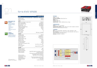 46

47

Sirio EVO 12500

tl inVeRteRs

01
INVERTER TL

available from october 2012

sirio eVo 12500

Approximate power of the photovoltaic field
Rated AC power
Maximum AC power
gRiD connection
cRiteRia
The entire range can be
configured according to
the following standards:
- CEI 0-21
- CEI 0-16
- VDE aR-N-4105
- VDE 0126-1-1
- G59/2
- Real Decreto 1663-2000
- PO12.3

class b
DiFFeRential
Each device has an
internal type B differential
protection in compliance
with Standard IEC 60755

inPUt
Maximum DC voltage in an open circuit
MPPT operating range
MPPT at full rating range
Working range
Maximum input current
Voltage during system startup
Initial feeding voltage
Shutdown voltage
Ripple voltage
Number of inputs
MPPT number
DC connectors
oUtPUt
Operating voltage
Operating interval
Maximum power range
Frequency range
Settable frequency range
Nominal current
Maximum current
Fault level contribution
DC current injection
Current Harmonic Distorsion (THDi)
Power factor
Galvanic separation
AC connectors
sYsteM
Maximum efficiency
European efficiency
Stand-by consumption
Night consumption
Internal protections

(1) These values can vary
depending on the local regulations.

Off-Grid protection
Detecting earth leakage
Heat dissipation
Operating temperature
Storage temperature
Humidity

14500 Wp max ; 10000 Wp min
12500 W
12500 W

FeatURes

01

MoDel

colour: RAL 3020
Dimensions (WxDxh): 533x219,5x742 mm
Weight: 50 kg
Protection level: IP65

1000 Vdc
150÷900 Vdc
360÷800 Vdc
150÷1000 Vdc
18 Adc/MPPT
110 Vdc
220 Vdc
70 Vdc
<3%
4
2
MC4 type or compatible

acoustic noise: <35dBA (<45dBA with fans running)

533

coMMUnication
Display: LCD 2-line, 16 characters
communication interface: RS485, USB and dry contact supplied as standard,
ModBUS and Ethernet optional (slot version)
742

696.5

stanDaRDs
eMc: Directive 2004/108/CE, EN61000-6-3: 2007, EN61000-6-2: 2005
grid monitoring: CEI 0-21, CEI 0-16, A70, VDE AR-N-4105, VDE 0126-1-1,
G59/2, Real Decreto 1663-2000, PO12.3
Directives: 2006/95/CE - EN62109

400 Vac
318÷480 Vac (1)
346÷480 Vac (1)
47,5÷51,5 Hz (1)
47÷52 Hz (1)
18 Aac
21 Aac
21 Aac
<90 mA
<4%
from 0,9 ind. to 0,9 cap. (1)
No
Wieland RST25 connector

219.5

670

98%
97,7%
~1W
0,6W (5W if night-time consultation is active)
Protection DC/AC side
(RCD type B in accordance with IEC 60755).
Overvoltage protection (OVR type 3)
Depending on the local regulations
Yes
Forced (by temperature controlled fans)
-20°C÷60°C (+45°C without derating)
-20°C÷70°C
4÷100% condensing

www.aros-solar.com

Three phase inverter

www.aros-solar.com

 