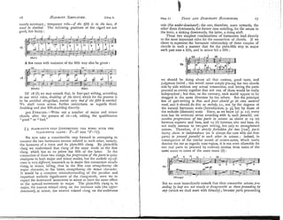 I 6 HARMONY
SZMPLZFZED. [Chnp. I. Chap. 1.1 TONIC
AND D ~ M Z N A ~ P
HAR~NZES.
I
I '7
lnostly neces5ary; temporary rule-if fhe fifth is in fhc Jars, it
~ i ~ u r t
be doubled. The following positions of the c b r d are not
good, but faulty :
A few cases with omission of the fifth may also be givcn :
Of 18 (6) we may reillark that, in four-part writing, according
to our strict rules, doz16ling of the third, which for the present is
to be avoided altogether, sou7ids vevy bad lf the Pfth be onzi/fefed
Ve shall come across further restrictions as regards third-
doubling and also fifth-douhling directly.
~ I C D
Ex~~cls~.-Write
out a number of major and minor
chords after the pattern of 16-18, adding the qualilication
"good " or " bad."
53. PLAIN-FIFTIT STEP (CONNECTING
THE TONIC WITH THE
PI.AIN-FIFTH CLANG: T-D AND 'T-OS).
We now take a considerable step forward in attempting to
connect the two harmonies nearest related to each other, namely,
the harinony of a tonic and its plain-fifth clang. By plain-fifth
clang we understand that clang of the same mode as the first
clang, which has as its prime the fifth of the latter. In the
connection of these two clangs, the progressiorr of theparts is quite
~no/ofioi~s
in both major and ~ninor
modes, but the mthefic s@ii/i-
rrzncc is very dz~trenf,
inasmuch as in major this connection entails
rising, in minor, falling, thus in the first case st~engthevin~y
the
li,ajUr chamctcl; in the latter, stre~zgthcni~z,~~
the mi no^ chui.rrcf~.r.
It would be a complete ~nisunderstandingof the peculiar and
important resthetic significance of the clang-mode, were we to
cxpe,ctthe downx7ard movelnent in minor to have the same effect
as the upward movement in major. The plain-fifth clang is, in
major, tile nearest related clang on the overtone side (the f@per-
do,,iinn?if), in minor, tlie nearest related clang on the undertone
side (the under-dominarzt);the one, therefore, soars upwards, the
other dives downwards, the former case entailing, for the return to
the tonic, a sinking downwards, the latter, a rising aloft.
These two simplest combinations of harmonies lead directly
to the most important rules for the connection of chords. If we
chose to represent the harmonic relationship of these couples of
chords in such a mahner that for the plain-fifth step in major
each part rose a fifth, and in ~ninor
fell a fifth :
we should be doing about all that custom! good taste, and
judgment forbid ;this would mean simply placing the two chords
side by side without any actual connection, and letting the parts
proceed so evenly together that not one of them would be really
independent ; but that, on the contrary, each would appear to be
dragged in the same direction by the others. But the principal
law of part-writing is that ea~-h
$art s/iozi/d go ifs awu natural
road, and it should do this as melody, i.e., not by the degrees of
the natural harmonic scale (Introduction, p. 3), hut by those of
the n~elodic
(diatonic) scale. Since, as we know (cf: p. IZ), evcry
note has its overtone series sounding with it, such paral/el, con-
sect~fi7,e
$7-ogressio?ts of two parts in octaves as above at 19 (a)
between soprano and bass, and 19 (6)between alto and bass, do
not really amount to two-part writing, but only to strengthened
unison. Therefore, it is strict& forbidden for two [real] parts
layis,? clninr to indejendence (as is always the case with our four
parts) to proceed parallel to each other ill octaves; indeed, in
consequence of the similar sound of octave-notes, which easily
deceive the ear as regards toneregion, it is not even allowable for
two real parts to proceed by contrary motion from notes of the
same name to notes of the same name (6) :
But we must irnmediatelv remark that these co~zsecutiueocfaves $70-
 