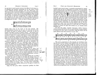 by step have in much greater measure the effect of real parts, i.e.,
of melodies, and therefore disappoint us all the more, if their
course suddenly becomes identical, and they blend into one.
The same is true of consecutiirejfhs [If: 19 (a) and 19 (6) between
tenor and bass] ; in the case of fifths proceeding by leap, it is less
the similarity of motion than the disconnectedness of the chords
and the want of melodious progression that strikes us disagree-
ably, whereas, in the case of fifths rising or falling by step, it is
the parallel motion itself which is the principal fault and causes
so disagreeable an eriect. Fifths by leap in contrary motion :
indeed, often occur in the works of the hzst masters. No
recommendation, however, can be given to their use, nor to that
of octaves by leap in contrary motion, much less to that of
octaves and fifths by leap in parallel niotion. The student who
wishes to get acquainted with tlie regular metliods,of part-writing,
to learn to know the izonnnl paths, and to acquire and make a
hallit of natural~~ess,
snioothness, and $nenq i,i the pf-ogression cf
parts, so that he may judge for himself what he is doing when he
turns away from the straight road, must abstainfrom them entirely.
In the connection of harmonies with which we are at present
occupied, nanlely, the plain-fifth step and its inversion, the
"retrograde plain-fifth step," or "plain-fifth close," there is no
reason for making use of octaves and fifths, either in similar or
contrary motion, if the simplestfundamental la7nfor the melodiozrs
conriedion o
f chords be observed. This is : Everypart should try
to reach a riote o
f the new harmony by the nearest way.
From this main principle it follows that (I), when two1
harnionies have notes in common, the latter most appropriately ; ," f
remain in the same parts ("trofes in common are kept in the same
part"); (z),$ro,rrressio~ 6y step are alzuays prge~a6leto those by
leap, and steps o
f a nzinor second (semitoneprogressions, LEADING- -2
TONX STEPS)are specially to be recommended.
I~r$rqression by seionds rests the actual healthy Z
f
e o
f tnelody
(therefore, the scale is really at all times the normal basis of ,I
melody) ;and this is applicable even to the freest, boldest melody
fol-mation. Leaps are not, isdeed, excluded in nreiody; on the 
contrary, they form the most effective factors (vigorous arousing,
sudden collapse of energy, etc.); but they entail subsequent
conlplete, or, at least, partial, $/lins r@ Sf the g@s b
y flrreans of !
si?,S(e-stepprogressioi:~.
Only the 6ass part, whose exceptional position we have
fundamental note (therefore, not appropriate for the bass), should
also 6e avoided, particularly on the accented beat o
f the bar,
excepting in cases when this doubtful bass-note becomes funda.
mental note of the next chord (i.e., in the case of a "chord of
six-four," to which we shall refer further on ; cf: remarks about
Example 26).
If, after this rather detailed discussion, which, however,
exhausts pretty well all the rules for part-writing, we again attemp,
to connect the tonic with its plain-fifth clang, the result will be
quite different from that reached at 19(a)-(&) :
The seven progressions in this example are transitions from
the first for111of the c-major chord given in Ex. 16, to the chord
of G-major; they are all good, though the third (c) and the last
(g) only under the presupposition that the bass will not proceed
by leap from the fifth. The first (a) is absolutely normal, as the
bass proceeds from fundamental note to fundamental note, and in
bath harmonies the latter is doubled, the note in common (g)
remains in tlie tenor (o),
the leading-tone step ((-6) is made in
the soprano, and also the fourth part (alto) proceeds by second.
At (6)-(c) the bass moves ~l~elodically
to the third and fifth
respectively, and the progression from fimdamental to fundamentnl
is not made at all, as the other c also proceeds by second [at (6)
soprano 6"-d", at (c) soprano c"-b']. Thus the doubling of the
fifth is brought about, which we know to be allowed. At (d) the
progression 1
-
1 (c"-g'), nornlal for the bans, is transposcd into
the soprano, which is also at all times permissible. The cases
(e)-(g) are the freest; at (e) and (f), the means of connection
by sustaining one note is missing ; at (e) and (g) the leading-tone
step is also missing. But these progressions Are also allowable
under the presupposition that the positions of the c-major chord
 