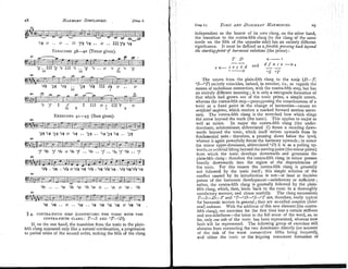 28 UARMONY
SIMPLIFIED. [Chap.I.
.- Chap. I.] TONIC
A N D DOJIINAN~
NARMONIES. 29
---
'C# 0 .. 0 .. if1 "fa "ca .. o .. 111 % "cp
Exellcrs~s38-40 (Tenor given).
EXERCISES
41-45 (Bass given),
...
.-
'bb .. .. Oeb O
6
b % "6b Oeb o .. "po o O e b "la
5 4. CONTRA-FIFTH STEP (CONNECTING
THE TONIC WITH THE
CONTRA-FIFTH CLANG : T
-
S AND 'T-OD).
If.on the one hand. the transition from the tonic to the nlain-
fifth clang appeared onfy like a natural continuation, a progr&sion
to partial notes of the second order, making the fifth of the clang
independent as the bearer of its own clang, on the other hand,
the transition to the contra-fifth clang (to the clang of the same
mode on the fifth of the opposite side) has an entirely different
significance. It must be defined as aforcible pressing back beyond
the siartingrpoint of hay~~wzic
relations (the prime) :
T D <----- I
A
-
and d f a c e -9s
.+- c e ,cF6 d --
1 -- 3 "S " T
The return from the plain-fifth clang to the tonic (D-T,
"S-oT) entirely coincides, indeed, in exterior, ie., as regards the
means of melodious connection, with the contra-fifth step, but has
an entirely different meaning; it is only a retrograde formation of
that which had grown out of the ton$ prime, a simple return,
whereas the contra-fifth step-presup[~os~ngthe consciousness of a
tonic as a fixed point in the change of harmonies-causes an
artz$cial suspense, which renders a marked forward motion neces-
sary. The contra-fifth clang is the stretched bow which slings
the arrow beyond the mark (the tonic). This applies to major as
well as minor. In major the contra-fifth clang (the under-
dominant, subdominant abbreviated S ) forms a receding down-
wards beyond the tonic, which itself strives upwards from its
fundamental note : therefore, a presslng down below the level,
whence it again powerfully forces the harmony upwards; in minor
(as minor upper-dominant, abbreviated 9)
it is as a pulling up-
wards,sn artificiallifting beyond the starting-point (the minor prime)
from which the tonic develops downwards and generates the
l~lain-fifth
clang : therefore the contra-fifth clang in minor presses
heavily downwards into the region of the dependencies of
the tonic. For this reason the contra-fifth clang is generally
not followed by the tonic itself; this simple solution of the
conflict caused by its introduction is nof-at least at decisive
points of the harmonic development-satrsfactory or sufficient;
rather, the contra-fifth clang is generally followed by the plain-
fifth clang, which, then, leads back to the tonlc in a thoroughly
I
sntisfactory manner, and closes restfully. The clang successions
T
-
S
-
D
-
T and "T-9-"S--"T are, therefore, really typical
for harmonic motion ingeneral; they are so-called cor?@hte(dilnf-
era4 cadences. With the addition of this new element (the contra-
fifthclang), our exercises for the first time lose a certain stiffness
and one-sidedness-the latter in the full sense of the word, as, so
far, only one side of the tonic has been represented, whereas now
both will be represented. The folloqng group of exercises still
abstains from connecting the two dom~nantsd~rectly
(on account
of the risk of the worst consecu,tive fifths being incurred),
and either the tonic or the feignlng consonant formation of
 