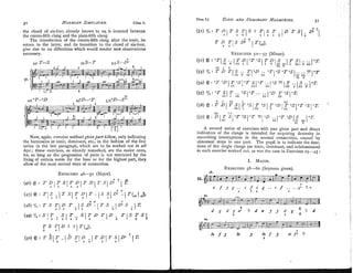 i
i
chap.
1.1 TONIC
AND DOMINANT
HARMONIES.
3O HARMONY
SIMPLIFIED. [chap.I. 31 1
the chord of six-four, already kn0ri.n to us, is inserted between
the contra-fifth clang and the plain-fifth clang.
The introduction of the contra-fifth clang after the tonic, its
return to the latter, and its transition to the chord of six-four,
give rise to no difficulties which would render new observations
necessary.
(a) T-s
Now, again, exercises wiikout,rri,enpart follow, only indicating
the harmonies as tonic, dominant, etc., in the fashion of the first
series in the last paragraph, which are to be worked out in all
keys; these exercises, as already remarked, are the easier oncs,
for, so long as the progression of parts ii not restricted by the
fixing of certain notes for the bass or for the highest part, they
allow of the most normal ways of connection.
EXERCISES
46-51 (Major).
6 +
(51)$/~:T D I T S
3 1 3 T
$ 1S . . a / 9
T S T . . l D
1 3 T S I . 3 D ( " I 1
T D T S D: ' 1 T ( J ) ,
5 3 I I
EXEI~CISES
52-57 (Minor). 1
T D " T " S T D S T S .
(52) @ : O T I 2 .i I 1 r r I I I 1 " Irv 1111 1 ,111 ;;
;
z I
1 I V
"I V
(53) % : T D TI S .. TI"D ..
i l l Y I,,
"TI O
S " T O
S I.. .. ?'!IO T
III I" ILI
"
I Y
(54) @ : ' T 0 D / T " S / " T
S J " T . . I S S 1 ! / T . . I S..IoI:
11, I11 111 Ill I ,I1 Y
(55) 9 1 , : " T SI T .. mSIoT
.. .. O
D T "SloI:
111 1 111 111 1 111
A second series of exercises with one give11 part and direct
indication of the clangs is intended for acquiring dexterity in
smoothing interruptions in the normal connection, caused by
abnormal steps in one part. The pupil is to indicate the fnnc-
tions of the single clangs (as tonic, dominant, and subdominant)
in each exercise worked out, as was the case in Exercises 29-45 :
I. MAJOR.
EXERCISES
58-60 (Soprano given).
c f 3 g . . c f i g . . < f ....g * + a
I
i 6
3 f 3 6a 3 b b f 3 o f : C
5
 