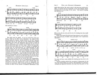 36
Chap. I I
NARMONY
SIMPLIFIED.
TONIC
AND DOMINANT
HARMONIES.
[ C ~ D .
I
37
Iw(a)l Isr (41
i
-
-
-
36.
(e)N.B. 0 5 (6) Eoad (c) ( d ) (6)
( f )N.E. 0s (g) I 16) bad (i) good (L-I gnoil
and similarly in niinor :
r35(=)I
(4
. ,
(6) c (4 (4 c
n ( K )
But little need be added. At 36 (a) and f.f) the bass part
leaps a third to the fifth of the dominant; the effect is not
entirely good, for reasons already known to us (viz., because
taking the fifth in the bass part by leap readily gives it added
importance, and raises the ini1)ression that we have a chord of
six-four before us, cJ. the remarks to Example 26), but it must
often be allowed for lack of better ways. Just in this very case,
liorvever, the actual eff?.ct of a cho~dof six-four is excluded, as
coming after the under-dominant the upper-dominant in any
fiosition marks the key very pointedly, and a resolution of the
chord of six-four into the chord of five-three (in this case the
resolution of d,6 into d+)must appear illogical, because it would
contradict the key again. At 36 (d)and 37 ( d )the third of the
subdominant is doubled in order to open up other ways; but it
must be presupposed that the third doubling was not the result
of l~arallelmotion. At 36 (x) and (h)three parts proceed by leap,
an expedient to be resorted to only in extrenie cases.
Such cases as 34 (6) and 35 (b) are also very disagreeable,
particularly when the step 5-5, or 1
-
1 respectively, is given in the
soprano or bass part; in the former case, because then the
succession of :he two funda~nental notes is impossible (on
account of consecutive fifths necessarily arising), in the second
because the effect of two chords of six-four in succession is the
result (that placing the minor prime in the bass may produce the
effqct of six-four will be explained in the next chapter, which
introduces the contra-clang of the tonic). The ways of evading
the d~fficulty
are :
Here at (c), (d),(e), (f), and (i)even the leading-tone step could
be preserved.
There now remain the abnormal leaps given at 34 (6) and ( d ) ,
and 35 (c) and (d),of which only 34 ( d ) gives rise to particular
difficulties :
(4 (6) (4 (2)
N.B. (#) N.B. (f)
N.D. (g)
135(41 135 (d)l
(4 (i) (k) (I1 1 4 I*)
In seven of these cases, indeed, the leading-tone step had to be
given up.
Another problem which this successio~lof harmonies for the
first time brings before our notice is the possibility of a partp7'o-
ceeding by an augmented infernal; the step from the prime of the
 