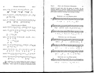40 HARMONY
SIMPLIFIED. [Chap I
( ~ I ) ~ / , : T D ~ T s D T ~
D S T S I D ~ S D . .
1 9 I
(3- 7.5 k- 7.5 G- 7 . c ~ - p)
(gz)3J8:T S D T S D TD TSTIS..ID..IT(?)
I s 3 I 1 I I 3 ,
( S i C i t )
(93)'/,. T . . D I T S I D . . T D S TSDITSD TD T[$
1 I I, I )
( C i t ) ( S i t ) ( Z r C C i i )
EXERCISES
94=1oo (Minor).
( 9 4 ) @ : ' T I " S " T / " D S I T 0 S / $ . .
111 1 1 9 D " S I g " S I " T (
- s . . l"((n.10)
0
-
(96)3/,:T '40 1 ' T " S j " T 4 0 " S I s T . . " S I " T . . O D
I
(P r P i )
The notification of a cerlain rhythm (by means of ,bl? or
.
b
.
q 1J. etc., undcr the figurcs) scarcely requires any further
explanation. There ?uould be nu meaning lia confrrzuingfo write
chap. 1.1 TONIC
AND DOMINANT
HARMONIES.
I. Major.
EXERCISES
101-103 (Soprano given).
41.
6 e fu .. 3 6 .. e .. /#</
I
exercises in egnal ?rater 'af/er /he manner of ciru7,ales; on the
contrary, practice in four-part writing will be of the greatest
advantage, if so planned as to incite and fructify the talent of a
gifted pupil, instead of fettering it and sending it to sleep.
'03.
C d f . . C d g 3 C d g .... C d.. +
3 1 9
EXERCISES
104-106 (Alto given).
=*
-
ebdb €
3 ..db .. .. +db 5dbei abdb .. ab
S
mg.
a 6 .. 6 .. a 6 . . a 6 5 ' e
4 3
106.
h c ..6b .. W c . . f J b c 4 6 b c
S
EXERCISES
107-log (Tenor given).
'4. C
- d e 3 e 3 e . . e . . + d . . e ...
 