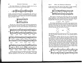 HARMONY
SI,WPLIPIED.
TONIC
AND DOMNY~NT
HARMONIXS.
The other hindrances in writing are (besides the 6
-
f in
common with the whole-tone-step, in both cases) :
Gwd
The result of connecti~zgfbcontra-clang with the contva;f/fh
clang is likewise a new harmony step, which we must call the
(plain)/5jt.c/mn,oe, since the principal note of the second clang is
the plain fifth of the first, and the clang-%node
changes :
f + -" 2 and e+ ~ 2 %
6
-
The clangs constituting the contra-fifth change appeared quite
foreign to each other (see above), but on the other hand, those of
the plain fifth-change are very closely connected, as they ]lave
both notes of the interval of the fifth in corn mot^ (though with
inverted meaning) and only differ in the third :
But kith the introduction of this step we have a new part progres-
sion (the chromatic semitone) and also a new problem, that of
false elation.
The chromatic semitone step has even more undeniable claims
to consideration, than the diatonic (leading-tone step) ; if, in the
fifth-change, we neglect inhoducinp both thirds in snccession in the
samepart, the result will be that ugly effect which is cried down
under the name of false relation (Ger. Qrtersta~td). Our ears
are then not able to perceive the chanre of harmony, and are rather
deceived into the fieliejthat the same harmony is sustained; and
so the chronratic note only appears orit of tune. The effect is all
the more disagreeable, the less marked the part is which intro-
duces the second third, and the further the latter is distant from
the first as regards octave-position (real pitch) :
In four cases (at N.B.) even doxbIing ojthe third would occur,
which is altqgether forbidden for the conh,~a-clans A few new
ways are opened to us by the step of the diminished seventh
 