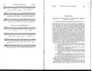 Chap. 11.1
54 HARMONY
SIMPLIFIED. [chap1
.
55
6 1 6 1i
f M t . . a s d s 3 6 , h Mt ..f4 3
I
'43.
CHAPTER 11.
CHARACTERISTIC DISSONANCES -PARALLEL-CLANGS -LEADING-
TONE-CHANGE CLANGS.
§ 7. THE CHARACTERISTIC DISSONANCES (Dq Svl*, S6,Dvl).
EXERCISES
145-148 (Bass given).
145.
-
w
3
-
-
y
- - - i=-Lz=e-
--
J - =-
c " a ~ + t O
a a O
a
WE could not, even in our very first exercises, do without the
chord of six-four, the natural connecting member between the
two dominants, and now we are forced still further to deviate
from the current method of teaching harmony (which post-
pones the theory of discords till later), by considering the
scarcely less indispensable rha~acfe~isfic
&sso~~a~~ces
which are
usually associated with the dominants. Since the dominants
are never perfectly consonant, in so far as they are always
conceived and judged from the tonic (thus, so to speak, always
together with the latter), it cannot be wondered at that they, far
oftener than the tonic, appear with additional notes which make
their meaning still clearer, and remove all danger of misunder-
standing such a succession, e.5: as TC--S+ or *
T
-
O
D (viz., of
conceivmg it in the sense of a retrograde plain-fifth step, there-
fore of a close in which what was intended as contra-fifthclang
would be tonic). These characteristic,dissonancesare notes in
each case borrowed from the other dommant, viz. :
(A) for the major upper-dominant, the fundamental note
of the subdoininant (in c-major, g 6 d 1f;in A-minor,
egn614.
(B) for the major suhdominant, the fifth of the npper-
dominant (in c-major,f a c I d).
(c) for the minor subdominant, the prime of the minor
upper-dominant and fifth of the major upper-dominant
respectively (in A-minor, 6 I d f a ; in c-major,
r- d Ifnbc).
(n) for the minor upper-dominant, the fundamental note
(V) of the minor suhdominant (in A-minor,d Ie g b).
The characteristic addiJional dissonant note at (A) and (c)
proves to be a seventh (piam, natural [minor] seventh =7,VII),
at (B) and (D),a sixth (plain, major = 6,VI).
This method of connecting one dominant with a note of the
dominant lying on the the tonic, c*mscribes the
key in the same the success~onof the tw0
 