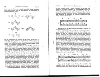 dominants, the whole-tone step and contra-fifth change, to which,
when they occurred from the tonic, we had, for this reason, to
ascribe modulating power :
56 HARA~ONU
SIMPLIFIED. [Chap. IL
- -
(A) f [a c el g b d and d V a c] e g
a b
w - w -
s n "s IT
Chap 11.1 CHARACTERISTIC
DLSSONANCES. 57
- -
(c) d f n [c e ,r] 6 and f a2 c [e g 61 d
+ M - -
"3 "D "S D
ie., the combination of elements of two clangs which stand to
each other in the relation of two dominants (whole-tone step or
contradfth change) points to a clang lying between the two, and
making their relation intelligible (hence their tonic), just as in the
case of the succession of the two clangs.
In these four new formations we have the first examples of
chords of four notes before us, thus the first absolutely d~ssonant
chords (the chord of dominant six-four, which, as we have
seen, contains two dissonant notes, the fourth and sixlh, is yet
subject to the possibility of being confounded with the tonic
[T and T respectively], and therefore has to be defined as a
fexnin8 ionsonanre, as a discord under the cloak of consonajrce);
the chord of seventh, fifth, and third, or, in short, chord o
f tht
seventh of the major upper-dominant (major chord of the seventh)
and minor under-donimant (minor chord of the seventh), and the
chord of sixth, fifth, and third, or, briefly, chord o
f the sixth of a
major under-dominant and minor upper-dominant, are altogether
dissonant, as, besides the complete clang (prime, third, and fifth),
they contain a foreien note (the seventh or sixth). The general
law for the treatmeGt of d d n a n t tones (for, as &e have ctherto
always spoken of prime, third, and fifth as tones, and not intervals,
so we shall in future speak of sevenths, sixths, etc., as tunes) is :
Dissotza~zt
tones are ?rot to de doubled; they may enter by leap,
but must resohe 6y step o
f a second. Naturally this law was val~d
already for the chord of six-four, in which we h;EQto forbid the
doubling of foul.tli and sixth. The progression by step of a
second from the fourth and sixth of this chord is not uncon-
ditionally required, because a vrcafious (substitut~ng)resolution
does not strike us offensively on account of the feigning con-
sonant nature of the chord:
Here at (6-(d! we have vicarious resolutions in ~ l a c e
of the
really norrnai bne'ai (a).
In the major chord of the seventh this substituting resolution
i
is not possible for the seventh, which, on the contrary, must
proceed by step of a second, if the expected harmonic pro-
gresslon follows at all; and, indeed, the oum-seventh regularly
proceeds downwards,[55 (a)], on account of the striking dissonance
of the seventh agalnst the octave, whether the latter be really
present next to the seventh [55 (6)j or be only sounded as an over-
tone [natural by-note, 55 (a), (c)] : the notesfor~ningthe infernalof
a seconda/ways tend away from each olher. The resolution of the
dissonance of a second by merging the one note into the other
1 [IS (d)] bas a good effect only in the case nf strongly contrasting
timbres, and is for the present strictly forbidden to the student.
The upward motion of the seventh is permissible only under
particular circumstances [e.g., when downward motion ~vould
result in third-doubling that is not allowed : 55 (c)]. But naturilly
where the same harmony is retained, the seventh may change
places with another note ;then the rule for progression is simply
transferred to another part [in 55 (e) to the bass] :
Here at (6) the jiftf~in tile chord of the seventh has been
omitted: that is quite an ordinary proceeding (as the 5 or I
respectively in a chord may in any case be pccasionally omitted),
 