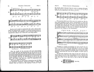 HA~~MONY
SIMPLIFIED. CHARACTE~ISTIC
DISSONANCES.
The exercises which now follow are to be worked out, like the
fifth model example, on four staves, corresponding to scores for
strillged quartet, with treble clef for the two upper parts
2nd violin), alto clef for the third part (viola), and bass clef for
the lowest part (violoncello); in these exercises we keep to
the normal compass of the voice as hitherto determined (re.
gardless of the compass of the instiuments) :
the d will ~nostlyhe sustained [61 (4-(f )]. On the other
hand, the .under.seventh is subject to exactly the same treatment
as the over-sixth, and examples 59 (a)--(6) and 60 (a)-(*) are
for it also, if the b before the a be simply added :
Foremost, as regards the figuring, we must remark that the
6 or 7 (or VI or VII) h i d e the clang sign (z
D, etc., or clang
letter 6,g,etc., or the ..) simply requires the chord of the sixth
or seventh, whereas placing the numbers a6ove or below the signs
~ h ~ t
the chords of the over-sixth (S6) and under-seventh indicates particularly the note for the highest or lowest part, as
(SV") readily take just t 7 ~
dissonant note for the 6ass-noiewe will hitherto.
not conceal; the reason for this will be quite clear to us later pn T o learn the meaning of the notes on the stave with the alto
(dominantofdominant) when we shallhave to consider the possiblll- clef is easy, if we look upon the missing line for 6' between the
ties of chromatic alteration of harmonies (S6,as Soon the is treble and bass staves as the middle line, Le., the five lines reach
raised, becomes D
7 of the D, SV"
likewise as soon as the 1x1 from the l line of the bass stave to the g line of the tre6le
and v are raised; hut then the 6 and VII respectively have stave :
become 1,i.e., natural bass-note).
~h~ introduction of characteristic dissonances into the domi-
nant harmonies completely removes the danger of faulty !on.
secutive fifths and octaves in the majority of cases, as gives
 