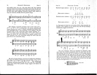 will readily move too-viz., that part which had the doubled
prime ( ~ n
minor the doubling of the prime given here [85 (6)]w~ll
naturally occur much more rarely than the doubling of the V). .
In both cases agam feigning consonant chords anse, wh~chwe
may not, however, ident~fyw~th
the parallel clangs.
(4 (4
I Enriched major cadence : (T "< TI S 'I' S
$
c+ "e f + -e O
a
86. e 7 - s
9
NB.
T I.' S !
: ,
,
"
,
I
-
O
D ,
,
V
I
'
'
(I,<> (il<) (z>I jf>)
The feigning consonant accessory form of the tonic (T7(
,
or +T1",
"T") arising from the minor contra-second
(major seventh) thus forms a rzatural coiznecting link between tonic
a d contragffth clnr~g,a new enriching of the cadence; also the
accessory form of the contra-filth clang arising similarly ( $ 7
mVnZ
or, which means the same thing, +Sng,
OD"') does no;
appear in exactly the same place as the parallel clang of the
tonic (between tonic and contra-fifth clang), but rather after the
pure form of the contra-filth clang :
r . . . .
. .
. .
Plain minor cadence : 06 'a 08
("T0D'S T)
We will call these feigning consonances (ending-tone sn6stitzrfes,
and adopt the following abbreviated signs for them : E'= + T"',
S = "T",S. = +SII<,
and 1
3 = O D ' > . The leading-tone
substitutes following directly after the tonic and 'the contra-fifth
clang (evenbefore their parallel clangs) suggest new means for
modulation :
Enriched minor cadence : (
'
T " "T)O D ".' O D ) '3 '
S
) O T :
"e f+ c+ "6 c+ g+ .a f+ O e
. .
. . . .
. .
Plain major cadence : + 2 c+
( T S D T) -
i.e., here agaln we have two successions which, when inverted, are
normal 111 the cadence of the parallel key, and w~ll
by exchange
~mmed~ately
suggest modulat~on
:
The next exercises, which are intended for figuration, may
now make,the strident acquainted !vlth the tenor c!ef, and for
that purpose they are still to be wntten as if for string quartet,
but with notation of the 'cello part in the tenor clef; only where
more than one leger line below would become,necessary, the bass
clef may be resorted to. The tenor clef is, like the' alto clef, a
c'-clef; the line to which it is prefixed (the second from the top)
has the tone-significance of once-accented C :
 