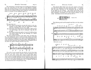 The connecting of parxllel clangs and leadingtone substitutes
with the contra-clang of the tonic we have hitherto avoided.
Since this introduces clangs of the same mode in succession (of
which the one, indeed, is always only a feigning consonance), the
result is a number of new harmonic steps, v i ~ .
:
TI, S
I
,5 S
I
,*S O
T
p D+ 4Dp D+ O
S
p Di
(4 (dl (4 (dl (rl (f)
The new steps are :
(A) The (plaiu) third-stej [ g ~
(a) and (d)],which, in the pro-
gression of parts, differs from the leading-tone change
only by a chromatic step (a-n>,g-g#), .
(B) The (pinifz) nzino~~third
step [ g ~
(6) and (e)], differing from
the third-change
,. , only by a chromatic step (a-al,
Mli).
(c) The (p/ai?z)leadrizgtonestep [gr (c) and ( a ] , differing fiom
the tritone change only by the exchange of a mlnor
for a major second.
The next exercises introduce also these steps, of which one,
viz., the leading-tone step in minor [gr (f)], requires particular
notice, because retrograde, in the sense of the progression to the
tonic leading-tone substitute from the major upper-dominant, it
yields the most important (most frequent) form of dereptive close irz
the minor kry (with or without seventh of the D ) :
Of 9z (6) we must rernarli that the distai~ieo
f alto from tenor
ni,~o,drifs to nn odnffe, which, however, may he approved in this
ant1 all such cases, where Joth co~~I,les
o
f paris form frii7.d~.
92 (a)-(6) are the proper typical forn>sof the deceptiveclose in 71zi11or
(also rvitll the possible inversions of the three top parts) ;
, gz (c)
is rare 2nd not so good, because the characteristic progression for
the bass to the feigning fundamental uote is replaced by that to
the fundan~ental
note of the principal clang.
chap.
11I PARALLEL
Craivcr. as
The e.zercises which follow now are to be written in thefour
aid vocul clefs (soprano, alto, tenor, and bass clefs). I
1
1 working
out, the tonal functions of the harlilonies are, as hitherto,
to he added by the student. The soprutzo clef (c-clef on the
lowest line) will now be easily learned, after alto and tenor clefs
i have somewhat accustomed us to the varying position of the
c-clef. Its relation to the treble and bzss clef is :
The following ninth model example may help to set the student
right :
-
=S6 D
I T ., Sk 6 ,
"T "Sb D O T "S .." 1 =s"'~i + 7
(Ninth model errmple.)
.. ..
94. <
- -
p
=
-
g
&
=
=
:
. =~:--L~==%j
,%dF
-
-@' % d r z F
43- -- -.
-
--g=z= =
+
T
&
T
e -p=FDl=_
+
%
f;lis.=P=
3
- -
E & - -
C.F.
#
s
'
B
4
=
=
"
=
e
z
F
-
-
-*z$z--, , I
-- -- 6 )
"/'I g f# y-fi " g6 u d . g"#'+..7
. - 3 i7
 