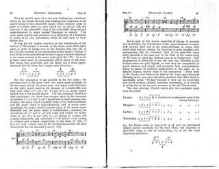 Thus we should again have two new leading-tone substitutes
before us, hut doubly derived ones (leading-tone substitute of the
parallrl clang of the contra-fifth clang), which, however, secni to
point to a nearer path, viz., that struck out at IOO (0-(d), the
insertion of the contra-fifth clang of the contm-fifth clang (second
under-donlinant in major, second "dominant in minor). This
again opens entirely new prospects to us (figuration of a dominant
by means of its own dominants), which we shall have to enter
further into.
At first we will confine ourselves to that introduction of the
lowercd (" Mixolydian ") seventh of the major scale which takes
place in order to bridge over to the lowered sixth (the I11 of
the "S), and similarly to the introduction of the raised ("Dorian ")
sixth of the ininor scale effectedin order to gain a melodic transition
to the major seventh of the minor scale (3 of the +D). In as far
as these notes enter as chromatically altered thirds of the plain-
fifth clangs, they apparently give the major key a minor upper-
dominant and the minor key a major under-dominant :
( b ) b it (YI
& T - ' G
d f a c e g b
N.U.w
But this conception is not possible in the full sense; the
principal notes of the inajor tonic and minor upper-dommant on
the one hand, and of the minor tonic and major under-dominant
on the other, would stand at the distance of a douhle-fifth step
from each other ( c+-(g)-O" "e-(a)-di), i.e., would appear
related only in the second degree. The last paragraph showed us
what significance the whole-tone changes (such as the harmonic
successions c+-"d and "e-d+) would have in tonal harmony, viz.,
in major, the minor chord is parallel clang of the under-dominant,
and the major chord is upper-dominant, and in minor corre-
spondingly, the major chord is parallel clang of the minor upper-
dominant, and the minor chord is osuhdo~i~inant
; therefore, the
successions 'd-c+ and Oe-d+ will easily and readily he under-
stood as Sj--D [ I O I (a)-(b)], i.e., as closing in major and
G-majorrespectively, and conversely c+-"d and di-"e as closing
in D ~niuorand E-minor respectively, in the sense of "Dp-"S
[IOI (c)-(ir)] ; indeed, even for the inverted successions the same
conceptions are not excluded [IOI (e)-(h)] :
Rut in spite of this double possibility of change of meaning
and modulation, the introduction of the upper-dominant in major
with lowered third and of the under-dominant in minor with
raised third without altering the functions is quite possible, only
presupposing that the chromatic third of the plain-fifth clang
really proceeds in the same part to the third of the contra-clang
of the tonic, to which the artificial note is to bridge over. Part
progressions in which this is not the case, are, therefore, in the
strictest sense not quite logical ; at least they are conlparable to
poetic licences and tropes, and purposely lead comprehension
8 astray by means of vicarious progressions of the parts, or, as
musical ellipses, require leaps in the conception. Every ~ntry
o
f the Dorian sixth ze)ithozltthe third o
f the major upper-dominant
following in the saiiiepart, therefore, produces that eKect which is
specifically called "Dorian," because it does not so much take
root in our modern clarified harmonic conception, as it reni~zds
us o
f the time o
f the harmo~zi~
treatnrmt o
f the old Church modes.
The four principal Church modes (the four authentic ones)
were the scales :
-
7
Dorian : d e f g a 0 c' d' (with das fundanlental note of the
L
-
-
J
closing harmony).
7 - 7
Phrygian : e f # a b C d' e' ( ,, e ,,
L
-
-
J
I, $9 9 ) .
r
-
-
3
Lydian : f g a 7) c' d
'e' f ( ,, f ,, 3, ,, ,,I.
L
-
-
J
r--3
Mixolydian : g a 6 c' d' e' f'g ( ,, g ,, n ,, n ) ,
i.e., the Dorian tonic, so long as 6b or c$ were not ietroduced
(which proved inevitable for the final close), ~2.a~
deprived of
plain-fifth clang as well as contra-clang, i.e., of the two most
important harmon~es
:
S"'< "D
* -
g b d f a c e
L
-
v
-
.
T
G
 