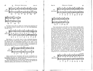 To these must still he added tlie leadiilg-tone substitutes of
the dominants [whicl~likewise lead us to two new formations,
1
.
9 (a)-(f)l :
But, finally, it is possible also to close e/li$tical& (slcipping
over the expecled contra-clang of the tonic) from the chords of
the Dorian sixth and Mixolydian seventh to the tonic; if in
major this does not immediately sound right to our ears, yet the
minor will show us that it is for want of being accustomed to it,
and not for want of tenacity of tonal conception :
Other possible close formations will become intelligible to us
as ellipses, only when we sliall have becotne acquainted with the
intermediate cadences (in the next chapter).
The term halj-hse has usually been confined to the resting on
the major upper-dominant [II I (a)-(h)] ; but, in the absence of
sufficient reasons, this restriction is not binding on us.
Chap. It.l PARALLEL
CLANGS. 97 i
This small selection will surfice to show what is usually under-
stood by a half-close ; of course, one can actually proceed from
any chord of the key to the -'- dominant and pause there. But it is
clear that any dominant, indeed even any parallel clang, and any
leading-tone substitute of a doluii~antrnay become the bearer
of a half-close, only presupposing that it falls on a heat with
rhythmical cadential power in a hiyber degree, and is made use ot
as a point of rest (long note with or without a pause; indeed,
if only no rhythmical cliange of meaning or feminine ending
destroy the effect of half close, it is not even necessary to stop at
all). We will now proceed with a few suggestions-again only a
selection-as to how a half-close (principal subdivision, close of a
part) may be illade to one of the other dominants, and we draw
special attention to [he fact that just this hitherto li71ziledzmder-
standing of the tern~s,
close nud hn/f-close,hews a great shnre of the
Ir/nnze, if our nlodcnz hnnriony, co~ijnrrd
7ui/hthat o f t h e f l o z ~ r i s h ~
period of rhe uocol siJ'le in the fifteenth and sixteenth centuries
under the dominion of the Cliurch modes, njjcars one-sided,
rtereo/ype,/, andpoor. The suggestion of thepussi6iIiQ ofoccasio,ial
points of rest on the u7ider-doniLront nnd on the a r a N e l clangs
and leodirzs-foae szriistz't~tttrof tither dominant, w~lllead young
composers to the understanding of a number of good effects:
 