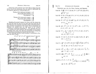 If the key of the exercise have fewer flats or sharps than the
natural key of the instrument, then the excess is represented by
the opposite signature (D for #,and i/ for P) :
Tuning of the instrument B!-major - zb
Key of the piece D-minor - l p
-
Iiey-signature - 1#
Tuning of the instrlnnent A-major - 3#
Key of the piece minor - 0
%
-
Key-signature - 3b
Retaining the normal compass for voices, with the clarinet for
the alto part and the horn for the tenor part, the pupii may be
sure that he is not expecting impossible things of the instruments;
more dctailed explana~ionsof the nature of the instruments are
therefore not needed here (on this point cf. the author's
"Catechism of Musical Instruments"). Our principal aim now
is to prepare the pupil gradually and thoroughly in the practice
of reading from score, and with the introduction of transposing
instruments an important step forward has been taken.
The following (twelfth) model example is calculated to illus-
trate the above clearly:
'T SV"D7 (SV" D?)[40] "Tp (S"' D?.) 4S
-- ?-
Chap. I11 I INTERMEDIATE
CADENCES. '33
E x s ~ c r s ~ s
249-263 (for Oboe, Clarinet, and Bassoon).
(249) $ : T (g7
1 D I ) I S
g Id I D 7 1 (SVr'D ) I [SP]S S I
&
-
5 ' 1 T
(259 $ : " T o D I TvntjD I D ? . 1 I O S / D (D7) I["SIo$1
@> 1 D;> ;1 O T
(251) $: T I SvlI D I QTpa' 1 :_
D7 / F (03 15..vx
I
O T 1 ;ir4
D' 1 " T
(252) $ : $37 SVr1
/ 0 7 OTI O S (SV'I( D) . I $"Ir I
D S' / S"'C D I " T
(253) $ : O T :
:
; ' 1SV'I D I'2" I I
: (D)
I D (SV'I/
I I,,&
L
-
2
D') I D;- t I O T
 