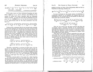 176 HARMONY
S~MPZZF;EU. [chap.IV.
Of the same inlport as these rhythmical formations we have
those in ($ (%), =I,,a/a, and '1, measure, only differing in the
mallner of writing (for which, naturally, there are important
iesthetic reasons). If every two such bars be contracted into one
great bar ('I,, 'I,, pi,], 4/$, 6i,,6/,), then the bar.line belongs
to the point-of-stress note of the more accented of the two
bars, e e.:
8 8 I I I 1 1
+ ~ L > - J - ~ . ~ - J - ? - - J - J . J - J - ? - - ~
(1) (41 (0) (8)
Unfortunately, composers often do not proceed quite correctly
in this matter, and place the bar-lines to the points of stress of the
st, 3rd, sth, and 7th bar,, so that then all cadential effects are
removed to the middle of the bars, and consequently the bar-line
does not fulfil its task. Conversely, also, composers often write
bars too small, which, according to the tempo, contain only one
time-heat. If we look upon the limits of the fluctuation of the
rate of the pulse as normal for those of time-beats (between
bo and 120 M.M.), then we must count every two bars as one
in notations like the following:
J.- roo.
, t
K Z Z - L - ~ J - J - ~ Y L J ? . etc,
121
Therefore, particularly in measures of three beats, it is im-
portant to see clearly, whether the time-beats given in the no-
tation are really time-bents, or, on the other hand, whether the
whole bar-values correspond to beats, or, finally, whether the long
and short values have the effect of time-beats of differing length
(so, 6 . 8 , in 31, J = 150, it is very convenient, and therehe
correct, to look upon the values J /A J lJ continuously as
time-heats).
The same 1,rinciple which is the reason for a slight lmgering
on the accented heat of the bar, and which gives rise to the bar
of three bents (the ancient Greeks even recognised the ratio z :3
for the durxtioa of the two beats), i.6, the principle of clearly
distinguishing the single symmetries by marking the accented beats,
stipulates the familiar pauses on the polizts of stress pf the hupbar
Chap. 1v.1 THECHANGE
01. TONAL
FUNCTIONS. '77
I
froupf, or at least on those of the half-periods, which we find so
frequently in folk-songs, chorales, etc. :
i'
rn 1
@ dI d ' d I 2 " d 1 d a dI 2'1d
1 d ' d I d u dI d ' d l d
(2) (4) (5)
In more developed art this simple means of subdivision is
orcasionally replaced by an idealised one, namely, that of the
prolongation of the accented beat for the duration of three beats,
which gives rise to three-bar rhyfhnz:
~ J I J ' J I d ~ ? " ? I J ' J l d J " J I J ' ? I
-
.rs. (2) (4) --
3 oiiri. (6)
d l J " ' J ! J ' J l d ! J :I1
_
V
-
3 Barn.
(8) 3 Br.
Here we may remark that the long accented beat does,not
necessarily entail a complete cessation of all sound-mot~on;
especially the after-section, which, as answer to the first four bars,
has more the character of,unity, favours a continuous motion.
Rut altogether three-bar rhythm may abandon its original sense
in the same way as triple measure.
This, then, is the normal ei~ht-&ar
construction (we retain this
name even for the actual twelve-bar period of continuous three-
bar rhythm, still using the numbers z, 4, and 8 for the principal
points of rest-the concludmg values of the several symmetries).
As regards the relation of rhythmical form to harmony, a few
remarks have already been made (that dissonances on the un.
accented beat, entering and proceeding by step of, a second
[passing-notes], are not striking ; that dissonances fallmg on the
accented beat are best prepared by tying; that cadential effects
[perfect close, half close, deceptive clos=] are poss~bleonly ,nn
time-values which conclude greater symmetries; that harmonies,
coming on unaccented beats, between repeated ones coming on
the accented beats, have the effect of figuration). lie may now
say generally that accented beats are really the bearers ofhamzo?y
efects, and that, the more accenred a bent is, the mure decidedly will
n harmony efect be expected uf it. This may be explained thus :
everypoint ofstress of a symrlretry represents a zmit of higher order;
i.e., beyond the motion in plain time-beats, we are conscious of
the units of bars, and of bar-groups, and finally of half-periods
or even periods :
,-Ti- n
,
-
-
1
- --
r. Motion in crotchets: J I JI? I J'l?1 d 'r!/ r!'31 'j
I J'9
/ ? 'J1 1
121 (4) (6) (5)
 