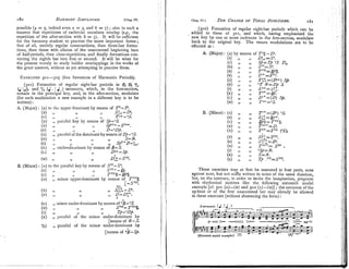 ,80 ~ ~ R M O N Y
SIMPLIFIED. [Chap. IV.
possible (4 = 5, indeed even z = 3, and 6 = 7 ) ; also in such a
manner that repetitions of cadential inenibers overlap (ex., the
repetition of the after-section with 8 = 5). It will be sufficient
for the harmony student to practise the more important forms ;
6rst of all, entirely regular constructions, then three-bar forma-
tions, then those with elision of the unaccented beginning bars
of half-periods, then close-repetitions, and finally formations con-
verting the eighth bar into first or second. It will be wiser for
the present merely to study bolder overlappings in the works of
the great masters, without as yet attempting to practise them.
E x ~ i + c r s ~ s
301-305 (free Invention of Harmonic Periods).
(301) Forination of regular eight-bar periods in $
, H
, 31,
(JId), and 6
/
, (4.1 J .) measures, which, in the fore-section,
remain in the principal key, and, in the after-section, modulate
(for each modulatioii a new example in a different key is to be
written) :
A. (Major) : (A)to thc upper don~iiiant
by means of T6-2.
(B) ,, i l Sf<
--9'.
(cl .. T'>-"S.
;; parallel k
;
; by ineans of Sp-"S.
,, SP1ll<
-SII1<.
, D-m.
,, lja~allelof
the dominant by ineans of Tp-"S
,> S- 3
.
99 spvca-Z>.
,, under-do~~inant
by means of 8-3.
D" -Sp.
E.(Minor) : (A) to the p~rallel
key by means of Sv'-S6.
(U) ,> S"'.-D.
(c) 3, ,, TV"Q-@9q.
(D) ,, illinor $per-dominant by ineans of TV"ll
[-SVll.
(c) ,,ininor under-dominant by means of "8-"3.
(H) ,, 3, S Y " - T V l I h .
(1) ,, 1
9 -O
D
$
.
(K) ,. pariillel of the minor under-dominant by
(means of 3-S
.
(
,
L
) ,, parallel of the minor under-dominant by
[means of O 8 - Sp.
(302) Formation of regular eight-bar periods which can be
added to those of 301, and which, having empliasised the
new key by one or more cadences in the fore-section, modulate
back to the original key. The return modlilations are to be
eK<cted at :
(Major) : (A)by ineans
(p.) ,, 2,
(4 8 , J ,
(D) ,, ,.
(E) ,, ,,
(F) 9, ,,
(0) 3 , 9 ,
(H) ,? ,,
(1) 3 9 ,,
(K) 3, 3,
(L) 9, ,,
(&I) 7 9 3,
of T 7 4 =D'.
D:,=S6.
Sj=T
p 'S D6.
SV'=S6.
TV"=@h.
s
r> =$ViI,
T::=(a9>) Sj.
" T S=Dp S
& 9 > = > e <
1 < '
TI<
D1' =(D) Sj.
T 3 ="S.
B. (Minor) : (A) , , TI<=(@) 0
s
.
(B) ,
, 3, s
:
:
=
4
$
-
1
9
,
.
(c) 9 , ,, @'U=TV"JI.
(D) .. .. TI1" =D.
These exercises may at first be executed in four parts, note
against note, but not stifflywritten in notes of the same duration,
but, on the contrary, in order to incite the imagination, pregnant
with rhythmical motives like the following sixteenth model
cxample [cf. 301 (A)-(H) and 302 (A)-(H)] ;the omission of the
upbeat or of the first unaccented bar may already be allowed
in these exercises (without shortening the form) :
(Siteenth model example.) - ' C*Y -' -
 