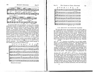 186 HARMONY
SIMPLIFIED
T o promote skill in the management of parts, and as anothe;
preliminary exercise in reading score, a few attemps at sizpart
writinf are to follow, for which the exercises in former chapters $ 20. PEDAL-POINT AND MODULATING SEQUENCE.
may be used. Six-part writing is more unwieldy than four- or
five-part;it necessitates still more doubling than the latter, and We must still mention two formations, one of which adds to
cannot entirely avoid crossing of parts. But the doubling of real the complication of note combinations to the utmost extent, and
thirds by parallel motion is still forbidden, as also the doubling of the other puts the feeling of tonality to the strongest test by
dissonances (excepting sin~ultaneouspassing notes in two parts). means of modulations heaped on one another. We do not class
Six-part writing is more conveniently read and worked out as
3 + 3 parts, or in case of need 4 (upper) + z parts. These
exercises should be worked out on six staves, so as to attain
both, over the sustained dominant fundamental chord at the last
close of the period. The primitive forms of pedal-points are
8 7
6 1 8 7 6-1
therefore D :
D6 5, D
4 =,
D
4
-
: etc,; also the shake
on the third or fifth of the dominant formerly almost indispensable
for closes, comes under this category (6-5 or 4-3 in rapid
alternations), and if the turn be added at the end or the slide up
to it at the beginning, or if both shakes be combined, the relation
to the pedal-point becomes all the more striking. The small
cadenzas formerly (up to Haydn's time) interpolated as a matter
of course at the stereotyped pauses on the chord of six-four at
(Nineteenthmodelexample.) the close of sonata or concerto movements, with their wide scope
M
 