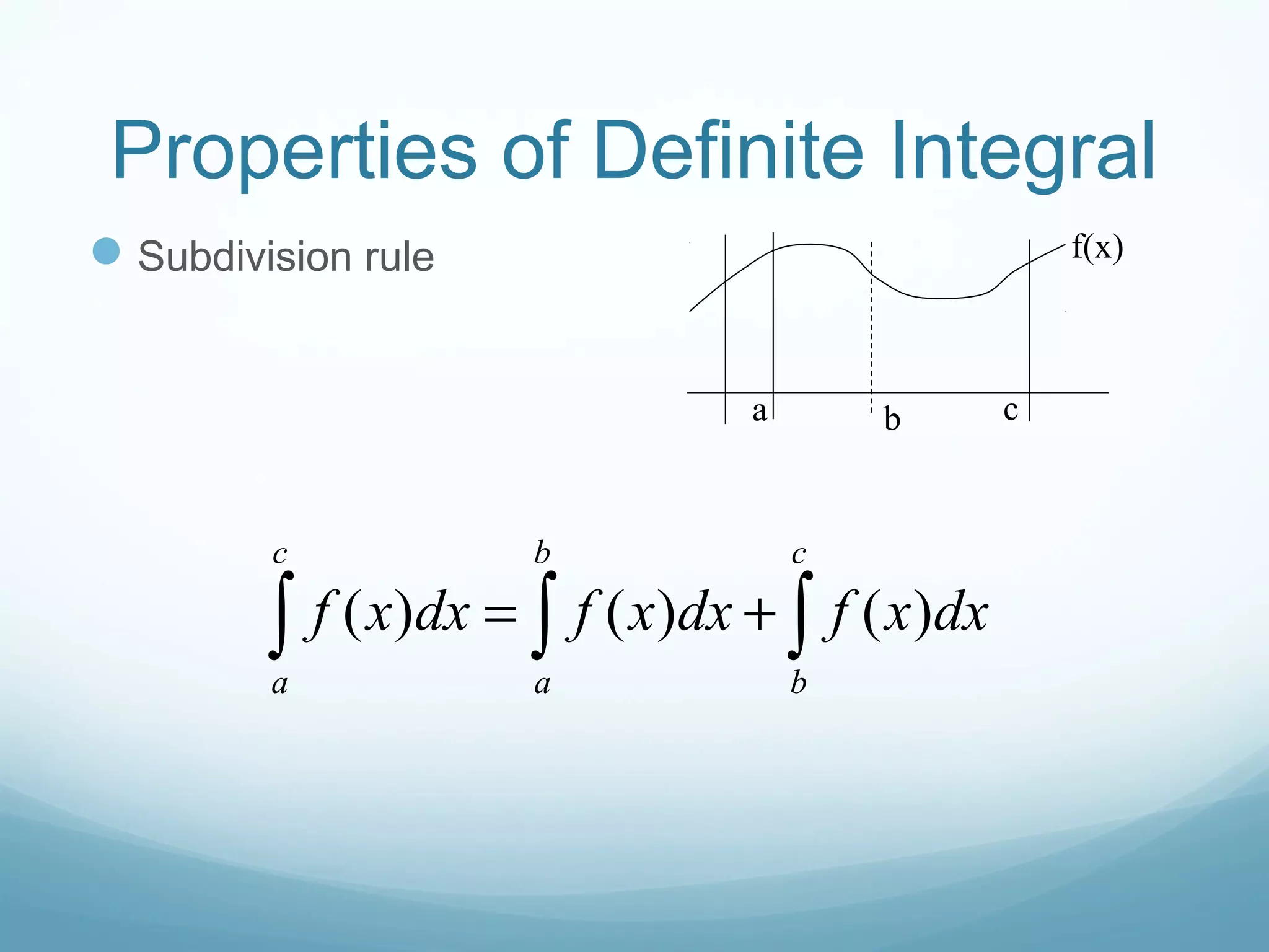 Properties of Definite Integral
Subdivision rule
( ) ( ) ( )
c b c
a a b
f x dx f x dx f x dx= +∫ ∫ ∫
a b c
f(x)
 