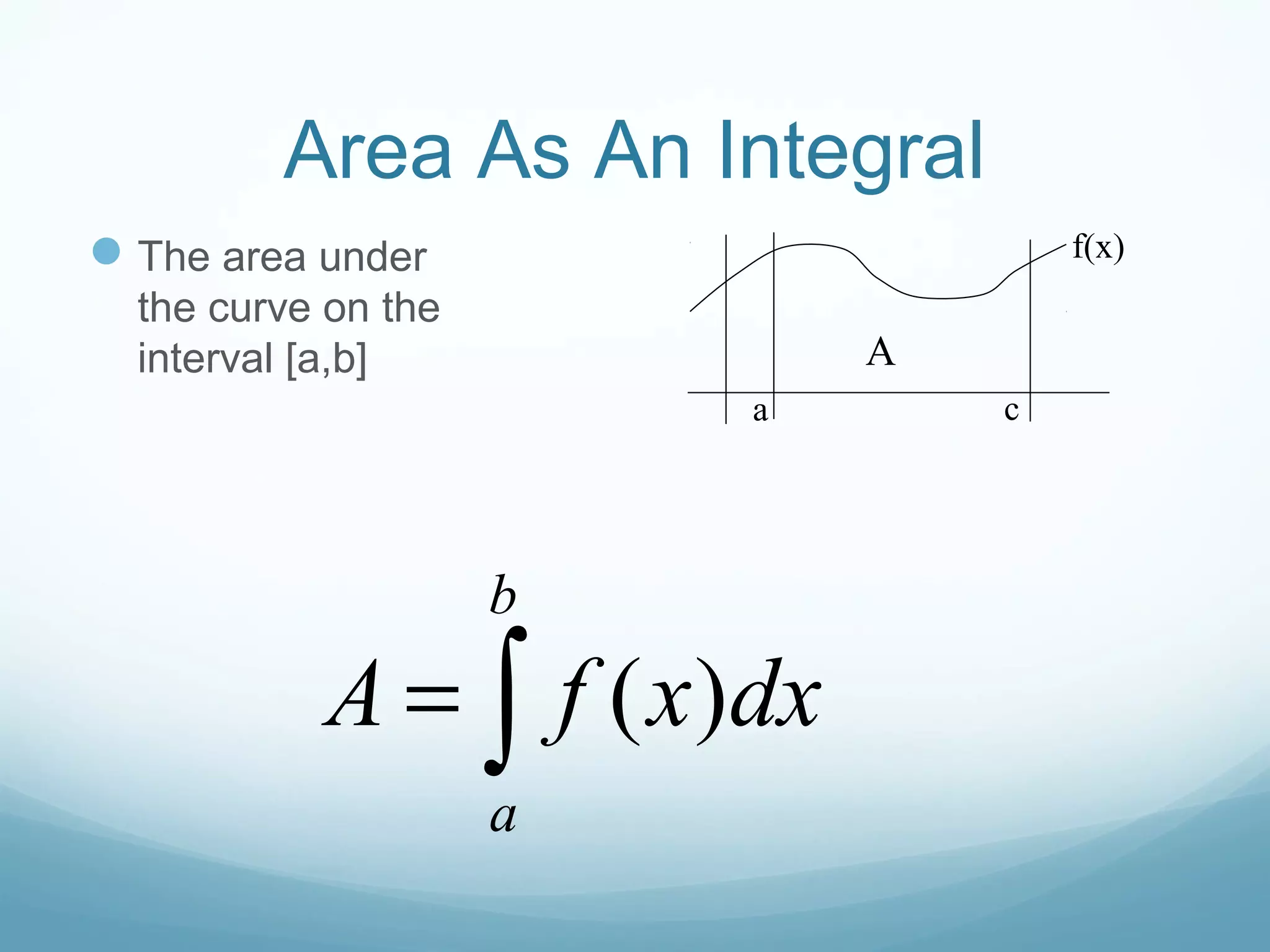 Area As An Integral
The area under
the curve on the
interval [a,b]
a c
f(x)
( )
b
a
A f x dx= ∫
A
 