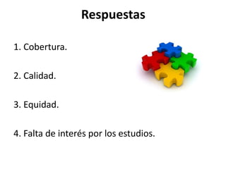 Respuestas

1. Cobertura.

2. Calidad.

3. Equidad.

4. Falta de interés por los estudios.
 