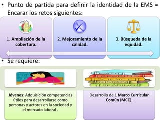 • Punto de partida para definir la identidad de la EMS =
  Encarar los retos siguientes:


 1. Ampliación de la        2. Mejoramiento de la        3. Búsqueda de la
     cobertura.                    calidad.                   equidad.


• Se requiere:




  Jóvenes: Adquisición competencias        Desarrollo de 1 Marco Curricular
    útiles para desarrollarse como                  Común (MCC).
  personas y actores en la sociedad y
          el mercado laboral .
 