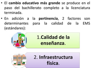 • El cambio educativo más grande se produce en el
  paso del bachillerato completo a la licenciatura
  terminada.
• En adición a la pertinencia, 2 factores son
  determinantes para la calidad de la EMS
  (estándares):

                    1.Calidad de la
                      enseñanza.

                  2. Infraestructura
                         física.
 