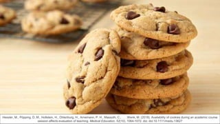 Hessler, M., Pöpping, D. M., Hollstein, H., Ohlenburg, H., Arnemann, P. H., Massoth, C., . . . Wenk, M. (2018). Availability of cookies during an academic course
session affects evaluation of teaching. Medical Education, 52(10), 1064-1072. doi: doi:10.1111/medu.13627
 